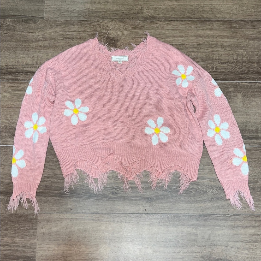 Chic Pink V-Neck Sweater with Floral Accents